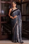 Shop_Geroo Jaipur_Blue Modal, Silk Sequins, Ajrakh Printed Saree With Unstitched Blouse Piece_Online_at_Aza_Fashions
