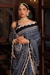 Geroo Jaipur_Blue Modal, Silk Sequins, Ajrakh Printed Saree With Unstitched Blouse Piece_at_Aza_Fashions