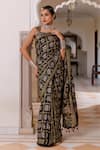 Buy_Geroo Jaipur_Black Modal, Silk Zari, Tassels Ajrakh Saree With Unstitched Blouse Piece _at_Aza_Fashions