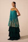 Jyoti Sachdev Iyer_Teal Chanderi Beads, Crystals, Foil Printing High Tiered Sleeveless Anarkali _Online_at_Aza_Fashions