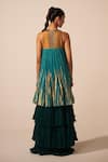 Shop_Jyoti Sachdev Iyer_Teal Chanderi Beads, Crystals, Foil Printing High Tiered Sleeveless Anarkali _at_Aza_Fashions