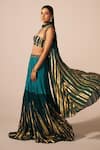 Buy_Jyoti Sachdev Iyer_Green Chanderi Beads, Crystals, Foil Printing Open Metallic Jacket Lehenga Set _Online_at_Aza_Fashions