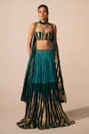 Buy_Jyoti Sachdev Iyer_Green Chanderi Beads, Crystals, Foil Printing Open Metallic Jacket Lehenga Set _at_Aza_Fashions