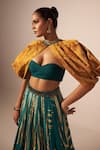 Jyoti Sachdev Iyer_Mustard Chanderi Foil Printing Open Neck, Sweetheart Printed Jacket Lehenga Set _Online_at_Aza_Fashions