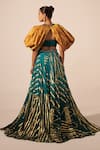 Shop_Jyoti Sachdev Iyer_Mustard Chanderi Foil Printing Open Neck, Sweetheart Printed Jacket Lehenga Set _at_Aza_Fashions