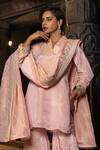 Monk & Mei By Sonia Anand_Blush Silk, Tissue Embroidery, Zari Split V-neck Kashi Kurta Sharara Set _Online_at_Aza_Fashions