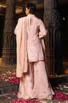 Shop_Monk & Mei By Sonia Anand_Blush Silk, Tissue Embroidery, Zari Split V-neck Kashi Kurta Sharara Set _at_Aza_Fashions