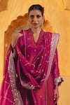 Buy_Monk & Mei By Sonia Anand_Pink Silk, Tissue Embroidery, Zari V-neck Kashi Kurta Sharara Set _Online_at_Aza_Fashions