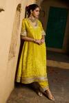 Buy Monk & Mei By Sonia Anand Yellow Silk, Tissue Embroidery Split V-neck Navya Embellished Kurta And Salwar Set at Aza Fashions Buy_Monk & Mei By Sonia Anand_Yellow Silk, Tissue Embroidery Split V-neck Navya Embellished Kurta And Salwar Set _at_Aza_Fashions