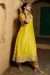 Shop Monk & Mei By Sonia Anand Yellow Silk, Tissue Embroidery Split V-neck Navya Embellished Kurta And Salwar Set Online at Aza Fashions Shop_Monk & Mei By Sonia Anand_Yellow Silk, Tissue Embroidery Split V-neck Navya Embellished Kurta And Salwar Set _Online_at_Aza_Fashions