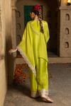 Shop_Monk & Mei By Sonia Anand_Green Silk, Tissue Lace, Sequins, Lasya Embellished Pleated Kaftan And Pant Set _at_Aza_Fashions