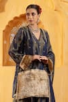Shop Monk & Mei By Sonia Anand Blue Silk, Tissue Embroidery, Fringe V-neck Naveli Embellished Kurta Set Online at Aza Fashions Shop_Monk & Mei By Sonia Anand_Blue Silk, Tissue Embroidery, Fringe V-neck Naveli Embellished Kurta Set _Online_at_Aza_Fashions