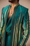 Jyoti Sachdev Iyer_Teal Chanderi, Modal, Cotton, Satin Foil Striped Jacket And Dhoti Pant Set _Online_at_Aza_Fashions