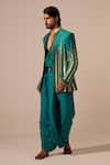 Shop_Jyoti Sachdev Iyer_Teal Chanderi, Modal, Cotton, Satin Foil Striped Jacket And Dhoti Pant Set _at_Aza_Fashions