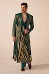 Buy_Jyoti Sachdev Iyer_Green Chanderi Foil Printing Striped Sherwani Trouser Set _at_Aza_Fashions