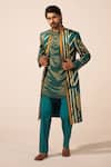 Buy_Jyoti Sachdev Iyer_Green Chanderi Foil Printing, Embroidery Striped Sherwani Pant Set _at_Aza_Fashions