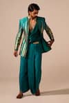 Buy_Jyoti Sachdev Iyer_Teal Chanderi, Modal, Cotton, Satin Foil Striped Jacket And Dhoti Pant Set _at_Aza_Fashions