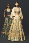 Basil Leaf_Charcoal Linen, Satin Sequins, Embroidery V-neck Printed Lehenga And Cape Set  _Online_at_Aza_Fashions