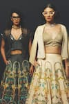 Shop_Basil Leaf_Charcoal Linen, Satin Sequins, Embroidery V-neck Printed Lehenga And Cape Set  _Online_at_Aza_Fashions