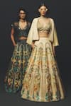 Basil Leaf_Beige Tussar, Linen, Satin, Tissue Sequins, Metallic Printed Lehenga Blouse Set _at_Aza_Fashions