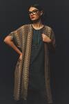 Basil Leaf_Grey Linen, Silk, Crepe Beads Round , Open Printed Cape Kurta Set _Online_at_Aza_Fashions
