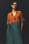 Basil Leaf_Orange Crepe V-neck Color Block Striped Kurta And Dhoti Pant Set _Online_at_Aza_Fashions