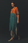 Buy_Basil Leaf_Orange Crepe V-neck Color Block Striped Kurta And Dhoti Pant Set _Online_at_Aza_Fashions