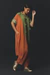 Basil Leaf_Orange Crepe Round Neck Color Block Kurta Set _Online_at_Aza_Fashions