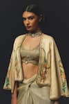 Basil Leaf_Gold Linen, Satin, Tissue Beads, Sequins V-neck, Floral Pattern Cape And Skirt Set _Online_at_Aza_Fashions