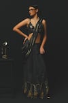 Buy_Basil Leaf_Grey Chiffon, Satin Embroidery, Embellished Pre-draped Saree And Blouse Set _at_Aza_Fashions