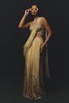Buy_Basil Leaf_Beige Tussar, Tissue Sequins, Beads, Printed Pre-draped Saree And Blouse Set _at_Aza_Fashions