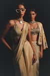 Shop_Basil Leaf_Beige Tussar, Tissue Sequins, Beads, Printed Pre-draped Saree And Blouse Set _Online_at_Aza_Fashions