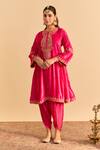 Buy_Sheetal Batra_Pink Velvet, Silk, Tissue Pearls, Sequins, Gota Amal A-line Choga Kurta Pant Set _Online_at_Aza_Fashions