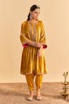 Buy_Sheetal Batra_Mustard Velvet, Silk Embroidery, Pearls, Amal A-line Choga Kurta With Dhoti Pant _at_Aza_Fashions