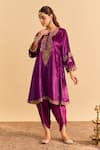 Buy_Sheetal Batra_Purple Velvet, Silk, Tissue Embroidery, Pearls, Amal A-line Choga Kurta Set _Online_at_Aza_Fashions
