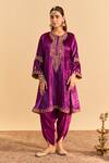Shop_Sheetal Batra_Purple Velvet, Silk, Tissue Embroidery, Pearls, Amal A-line Choga Kurta Set _Online_at_Aza_Fashions