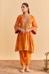 Sheetal Batra_Orange Velvet, Silk Embroidery, Pearls, Eira Choga Kurta And Dhoti Pant Set _Online_at_Aza_Fashions