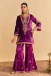 Shop_Sheetal Batra_Purple Velvet, Silk, Tissue Embroidery, Pearls, Nooren Short Kurta Palazzo Set _Online_at_Aza_Fashions