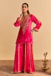 Shop_Sheetal Batra_Pink Velvet, Silk, Organza Embroidery, Metallic Thread, Aroob Kurta Sharara Set _Online_at_Aza_Fashions