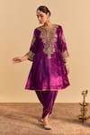 Shop_Sheetal Batra_Purple Velvet, Silk Embroidery, Pearls, Eira Choga Kurta With Dhoti Pant _Online_at_Aza_Fashions