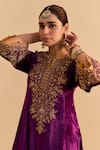 Shop_Sheetal Batra_Purple Velvet, Silk, Tissue Pearls, Eira Choga Kurta Tulip Dhoti Pant Set 