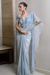 Shop_Presto Couture_Gold Lycra Crystals, Sequins, Beads V-neck Embellished Pre-draped Saree Set _at_Aza_Fashions