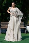 Buy_Presto Couture_Grey Lycra Crystals, Sequins, Embroidery, Beads Hand Draped Lehenga Saree Set _at_Aza_Fashions