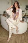 Buy_Rainas_Cream Satin Embroidery, Mirrors, Tassels Marusthal Muse Top And Dhoti Pant Set _Online