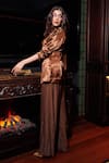 Shop_Sonam Parmar Jhawar_Brown Cotton, Silk, Lycra Crystals V-neck Tira Embellished Blazer And Pant Set _at_Aza_Fashions