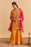 Buy_Sheetal Batra_Orange Velvet, Silk, Tissue Embroidery, Pearls, Nooren Kurta Palazzo Set _at_Aza_Fashions