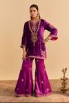 Shop_Sheetal Batra_Purple Velvet, Silk, Tissue Embroidery, Pearls, Nooren Short Kurta Palazzo Set 
