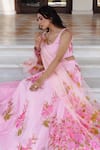 Buy_Geroo Jaipur_Pink Chiffon, Jacquard, Organza Foil Printing Flower Hand Painted Lehenga Set _Online_at_Aza_Fashions