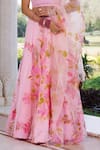 Shop_Geroo Jaipur_Pink Chiffon, Jacquard, Organza Foil Printing Flower Hand Painted Lehenga Set _Online_at_Aza_Fashions