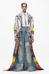Shop_AK-OK_Blue Silk Embroidery, Beads, Sequins Collared, V-neck Tribal Printed Long Jacket _Online_at_Aza_Fashions